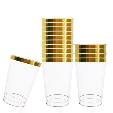 Tebery 100 Pack Gold Rimmed Plastic Cups 12oz Clear Plastic Tumblers