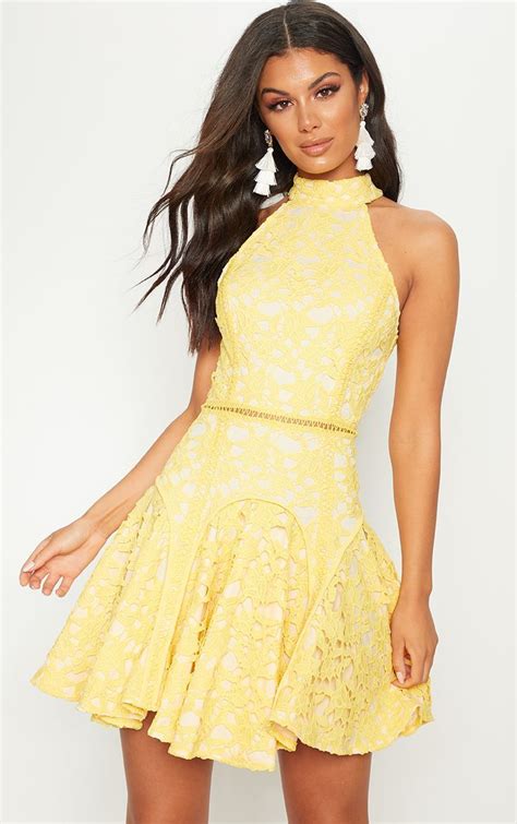 Bright Yellow Thick Lace High Neck Binding Detail Skater Dress