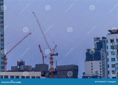 Luffing Jib Tower Crane At High Rise Building Construction Site Project
