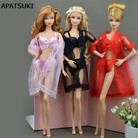 Sets Sexy Pajamas Lingerie Lace Long Coat Bra Underwear Clothes For Barbie Doll Clothes
