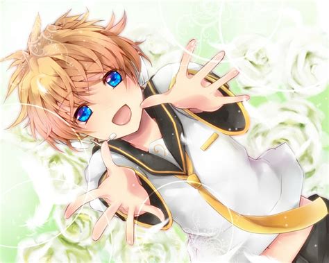 Portrait face manga anime male red hair eyes expression. blondes vocaloid flowers blue eyes tie kagamine len ...
