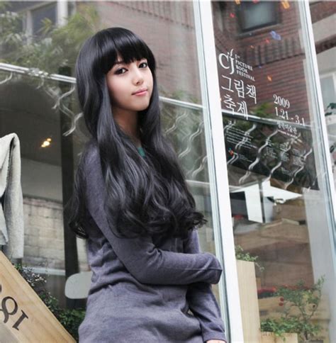 65cm Long Wavy Black Wigs With Bangs Synthesis Korean Long Curly Wavy