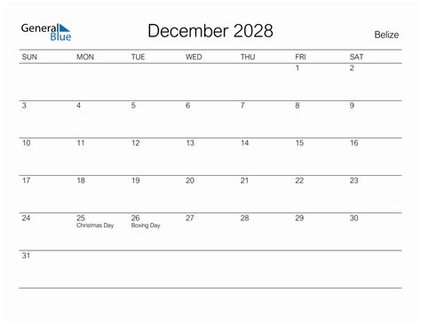Printable December 2028 Monthly Calendar With Holidays For Belize