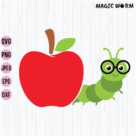 Apple And Worm Svg Png Eps  Teacher Vector Bookworm Etsy