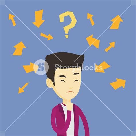 Asian Business Man Standing Under Question Mark And Arrows Young