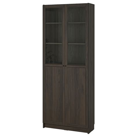 Billy Oxberg Bookcase With Panelglass Doors Dark Brown Oak Effect