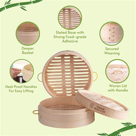 Buy Bamboo Steamer 10 Inch 2 Tier Wooden Basket With Handle Ring Adapter Reusable Silicone