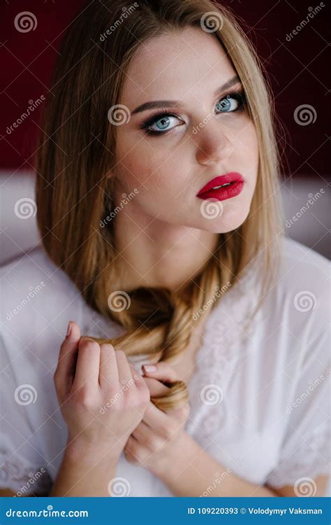 Young Woman In White Dress Posing By The Background Stock Image Image