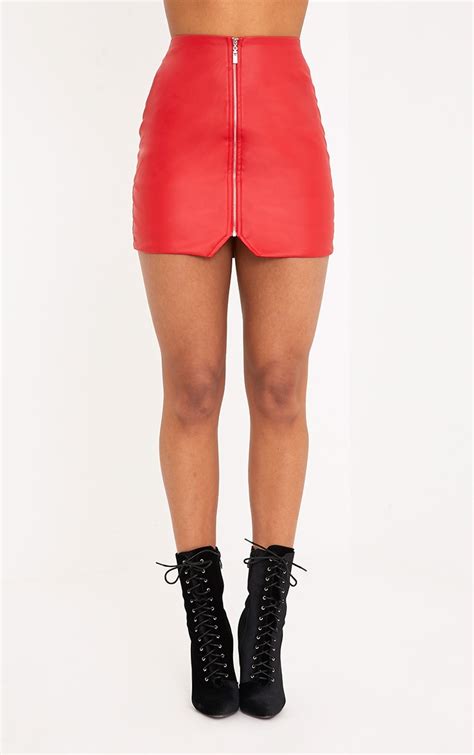 suzy red faux leather zip front mini skirt skirts prettylittlething