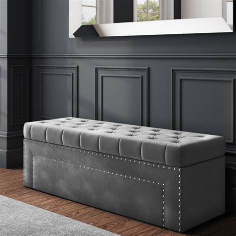 Safina Velvet Storage Blanket Box In Grey With Stud Detail