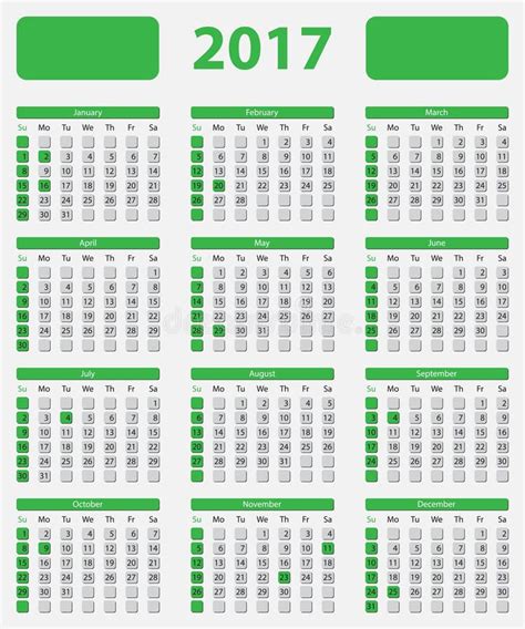 Usa Calendar 2017 With Official Holidays Stock Vector Illustration