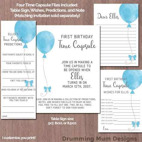 Time Capsule First Birthday Boy Blue Balloon 1st Printable Etsy