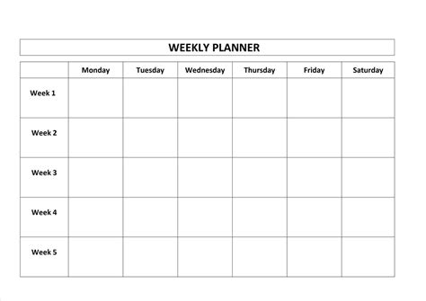 Blank Weekly Monday Through Friday Calendar Template