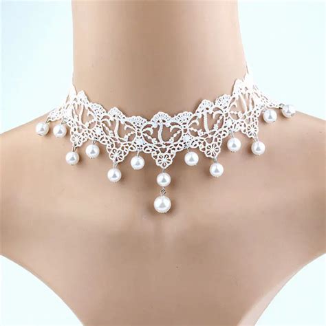 Fashion Elegant Vintage Imitation Pearl White Lace Statement Choker Necklaces Bridal Jewelry For
