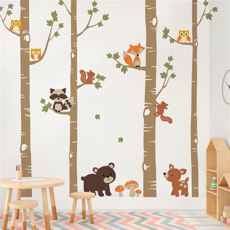 Birch Trees With Cute Forest Animals Wall Decal Scheme B