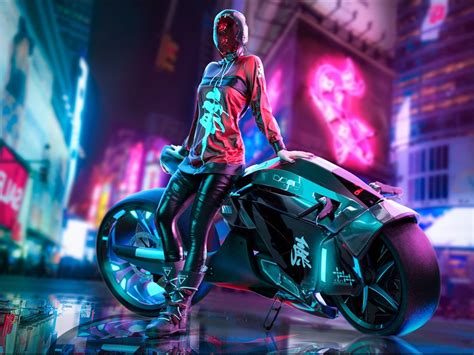 Wallpaper Cyberpunk 2077, city, girl, motorcycle 1920x1080 Full HD 2K Picture, Image