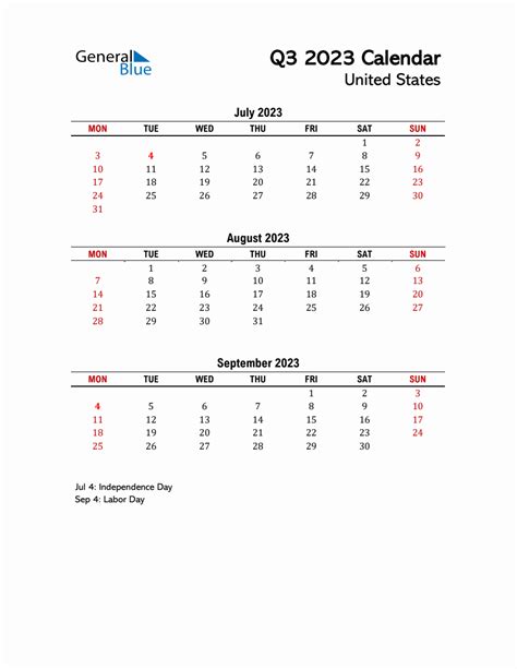 2023 Q3 Calendar With Holidays List For United States