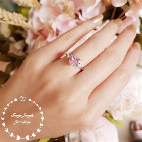 Heart Shaped Pink Diamond Ring Three Stone Vivid Pink Diamond Simulant