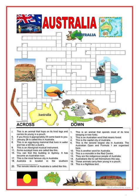australia crossword  worksheet  esl printable worksheets