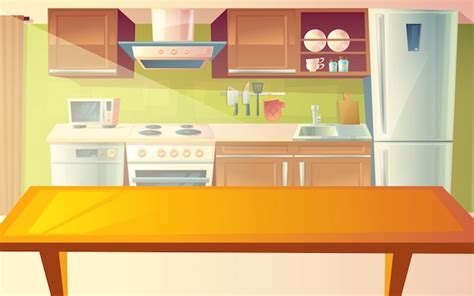 Cartoon Illustration Of Cozy Modern Kitchen With Dinner Table And