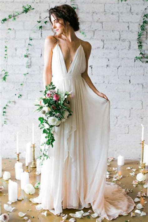 Simple Deep V Neck Sweep Train Wedding Dresses With Straps Wd010 Greek