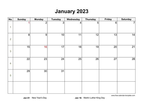 Free 2023 Calendar Blank January Template Horizontal Free Calendar