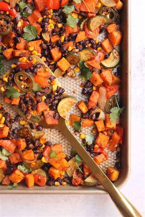 I cut a cantaloupe in half, scraped out the seeds, put one side into a bowl, and grabbed a spoon. Sheet Pan Mexican Veggie Dinner | Hummusapien