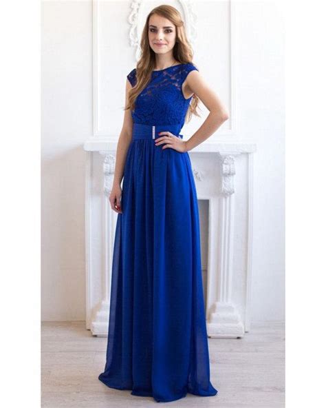 Cobalt Blue Maxi Dress Chiffon Lace Dress Bridesmaid Evening Wedding