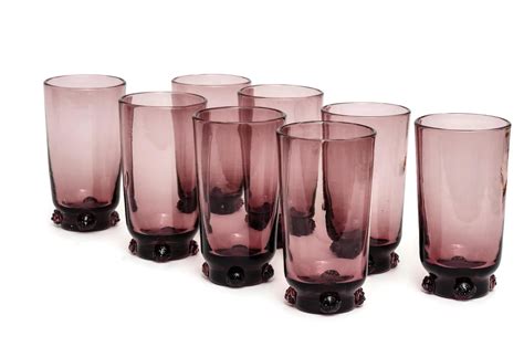Set Of 8 Blenko Glass Hand Blown Highball Glasses Ringed With Applied Rosettes Made In The Mid