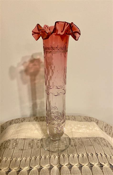 Antique Tall Moser Cranberry To Clear Glass Vase With Pedestal Etsy