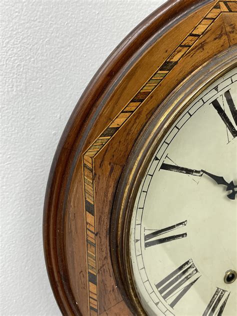 19th Century Inlaid Walnut Drop Dial Wall Clock Twin Train Movement Striking The Hours On Bell