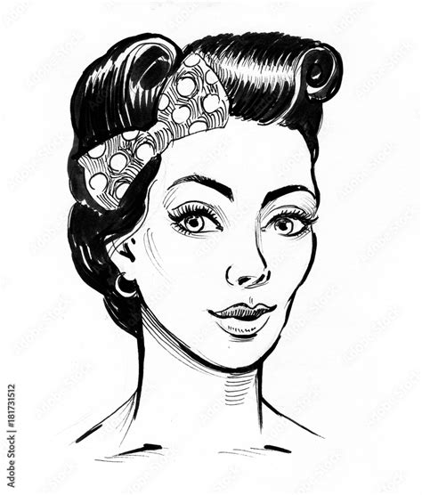 Pin Up Girl Portrait Black And White Retro Styled Ink Illustration