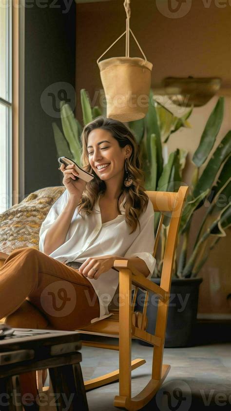 Ai Generative Smiling Calm Young Black Woman Relaxing On Comfortable Wooden Rocking Chair In