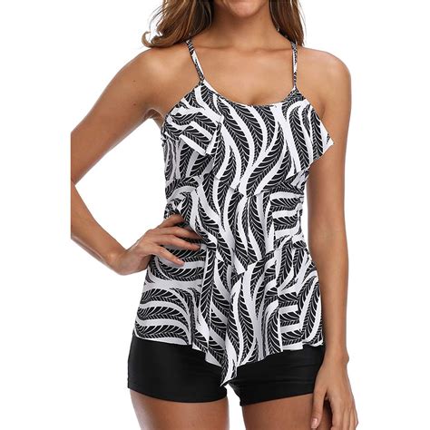 Womens Tankini Set Two Piece Swimsuit Layered Ruffled Top With