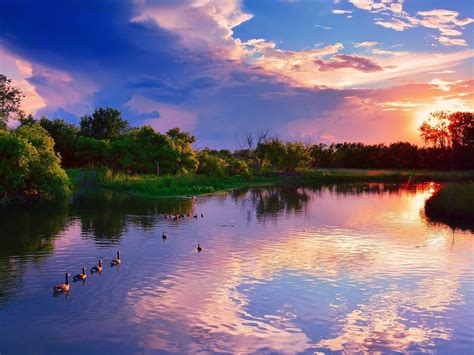 Sunset Lakes Ducks Landscape Hd Wallpaper Preview