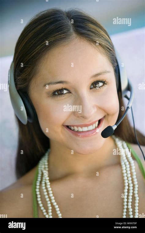 Woman Wearing Telephone Headset Stock Photo Alamy