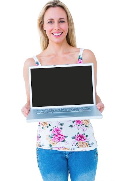 Premium Photo Smiling Blonde Presenting Her Laptop