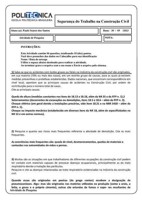 Atividade de Pesquisa Segurança do trabalho na Construção Civil