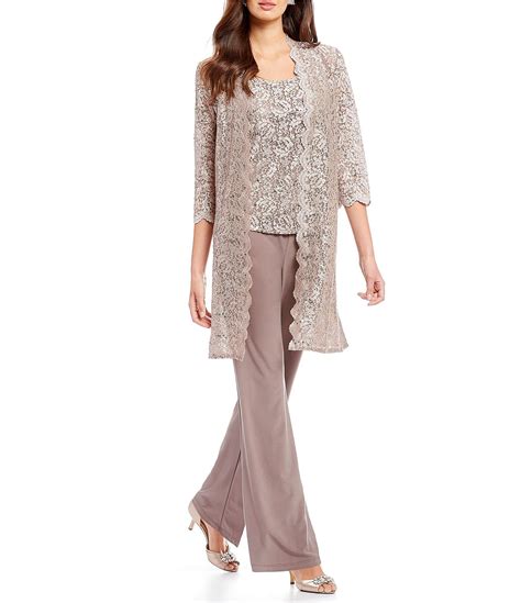R And M Richards Sequin Glitter Scalloped Lace Scoop Neck 34 Sleeve 3 Piece Duster Pant Set