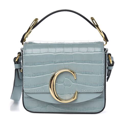 CHLOE Calfskin Crocodile Embossed Mini C Double Carry Faded Blue FASHIONPHILE