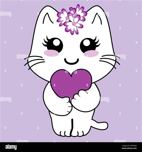 cute kawaii gatito sosteniendo un corazón Archivo vectorial Imagen