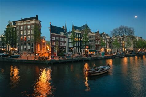 Netherlands Amsterdam Houses Rivers Evening Boats Street Hd