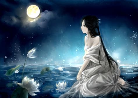 Art Clouble Girl Night Moon Water Lilies Lake Sky Clouds