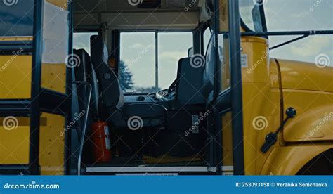 School Bus Entrance Open On Empty Stop Without Students Driver Close Up