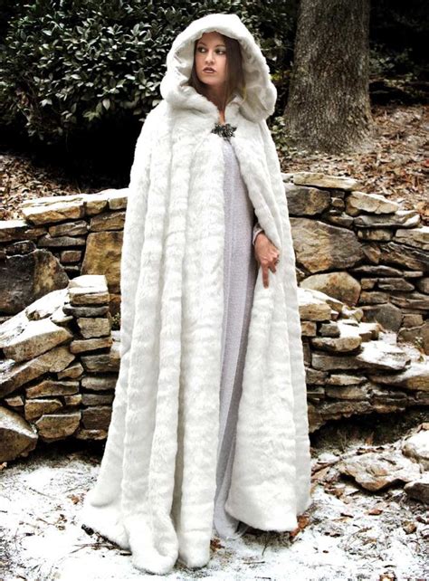 Long White Fur Hooded Female Cloak With Metal Clasp Faux Fur Cape