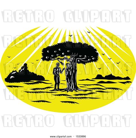 Vector Clip Art Of Retro Woodcut Styled Scene Of Adam And Eve By A