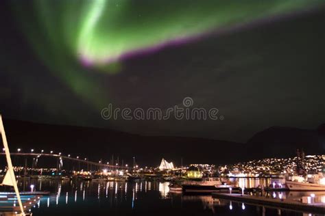 Northern Lights Over The City Lights Stock Image Image Of Mountains