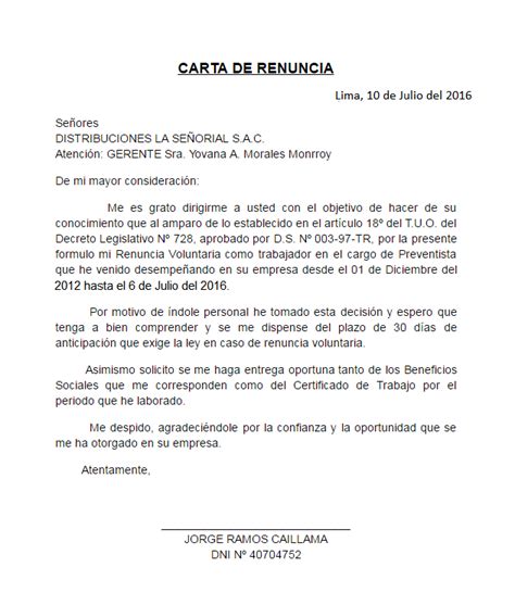 Modelo De Carta De Renuncia Peru Con Exoneracion De Dias Financial