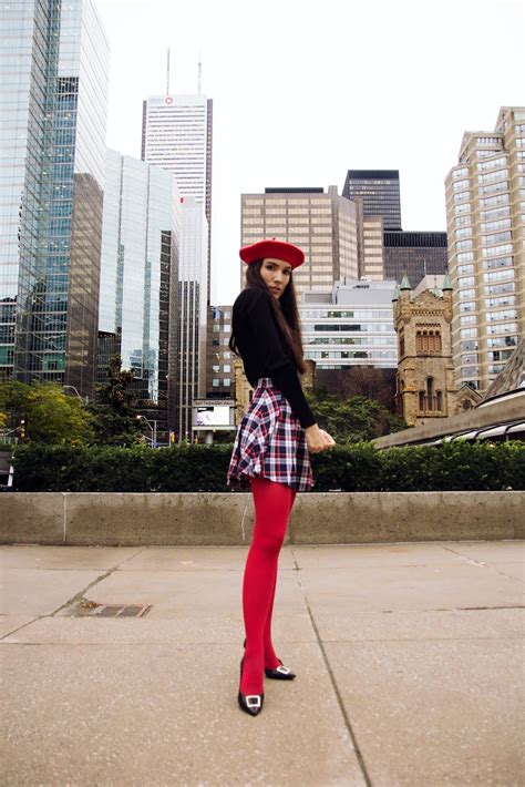 Plaid In The City Carolina Pinglo Red Tights Pantyhose Outfits Fashion