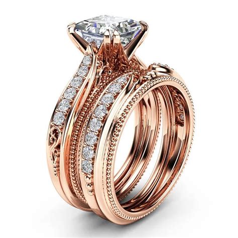 elegant wedding engagement rings set 2pcs set rose gold color anniversary accessories with full